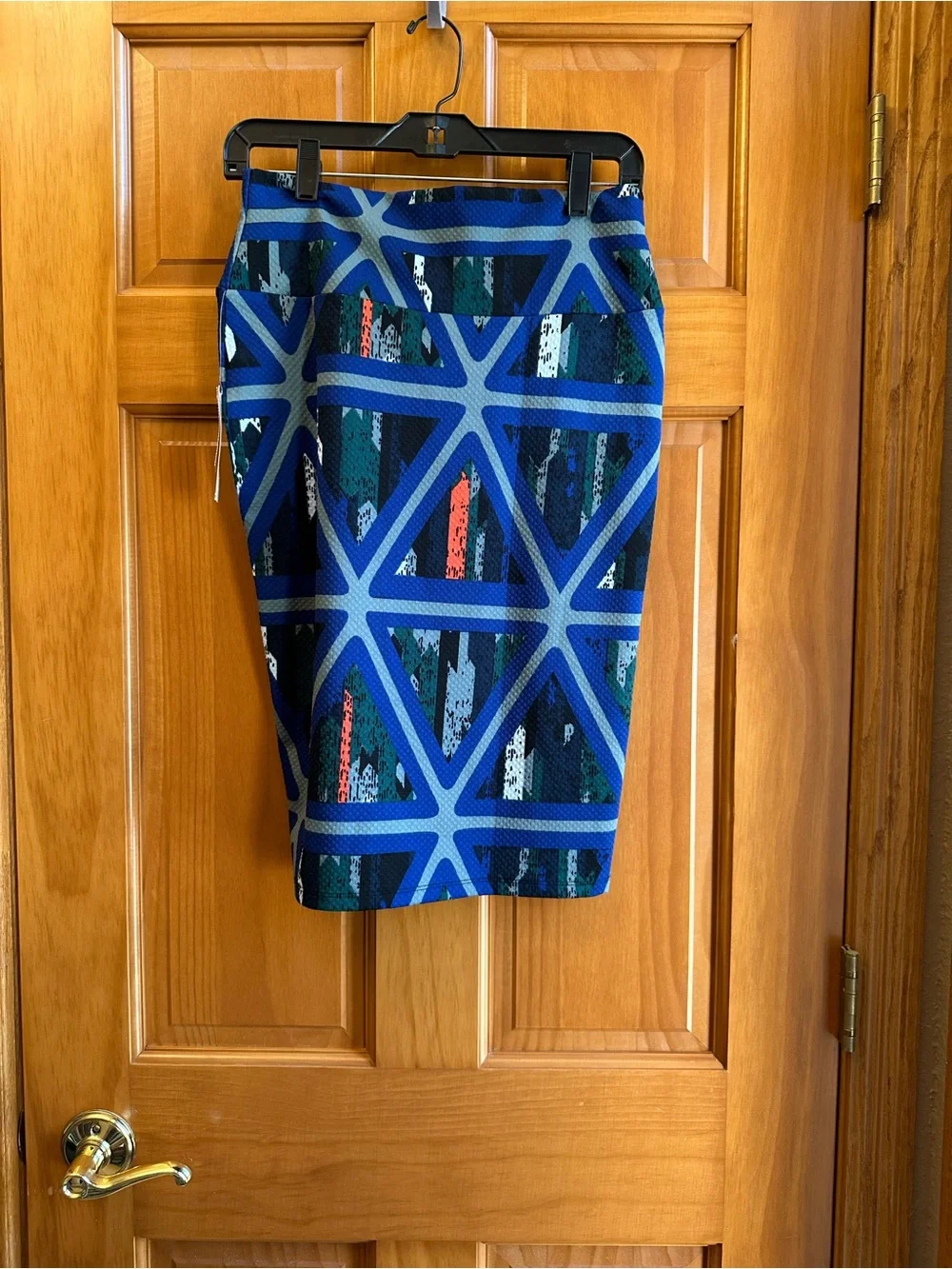 LuLaRoe Cassie Blue Geometric Pencil Skirt with Teal and Coral Accents